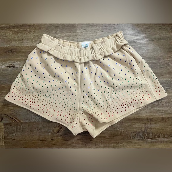 Queen of Sparkles Shorts Embellished Size Large Beige Multicolor Comfort Party - Picture 2 of 7